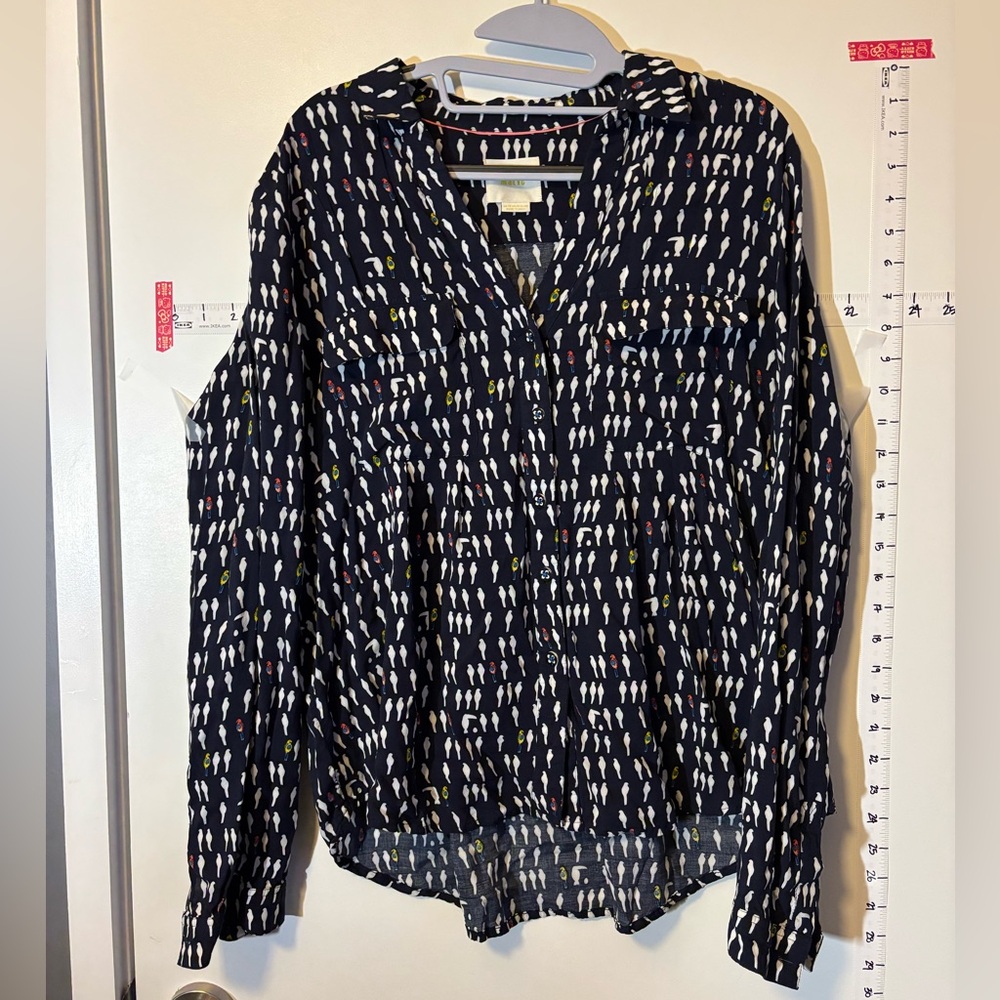 Anthropologie Maeve Navy Bird Patterned Blouse size 10